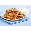 Plate of chocolate chip cookies with milk