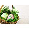 Easter eggs arrangement with green grass in a basket