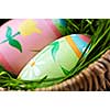 Easter eggs arrangement with green grass in a basket