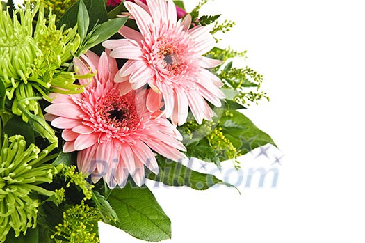 Close up of floral arrangement with pink gerberas