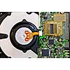 Closeup of hard disk drive internal electronics