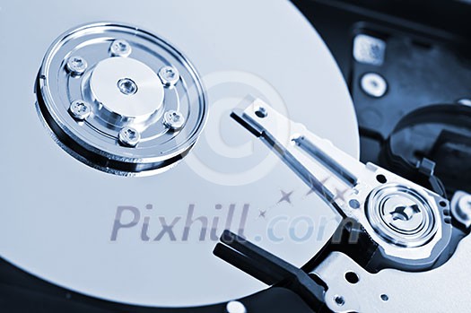 Closeup of hard disk drive internal components
