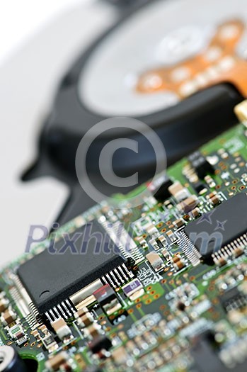 Closeup of hard disk drive internal electronics Closeup of hard disk drive internal electronics