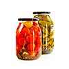 Two clear glass jars of colorful pickled vegetables