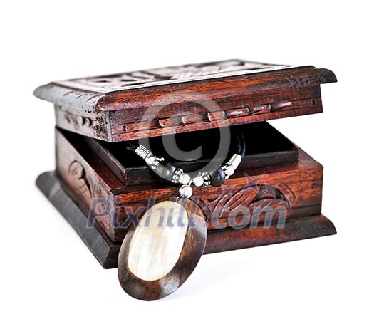 Beautiful handcrafted wooden box with aboriginal jewelry Beautiful handcrafted wooden box with aboriginal jewelry
