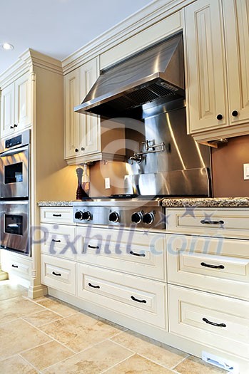 Interior of modern luxury kitchen with stainless steel appliances