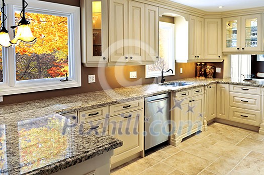 Modern luxury kitchen interior with granite countertop