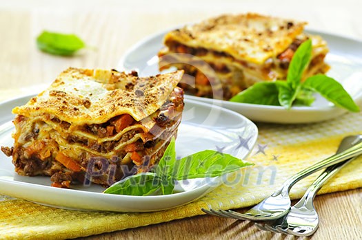Two servings of fresh baked lasagna on plates Two servings of fresh baked lasagna on plates
