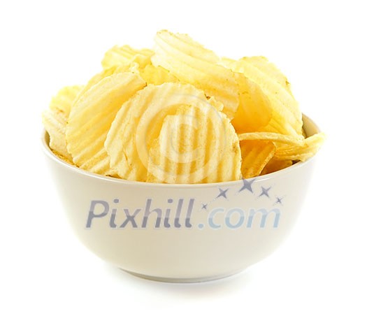 Bowl of potato chips isolated on white background Bowl of potato chips isolated on white background