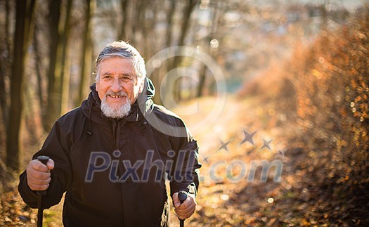 Senior man nordic walking, enjoying the outdoors, the fresh air, getting the necessary exercise Senior man nordic walking, enjoying the outdoors, the fresh air, getting the necessary exercise
