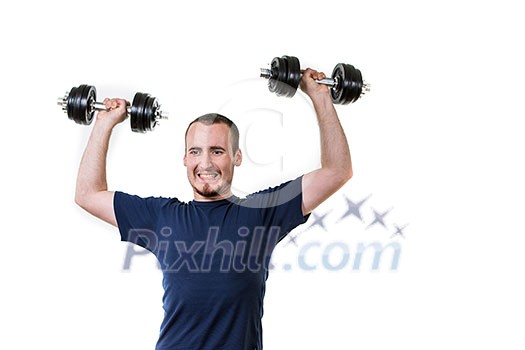 Close up of young man lifting weights over white background Close up of young man lifting weights over white background