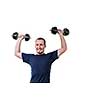 Close up of young man lifting weights over white background