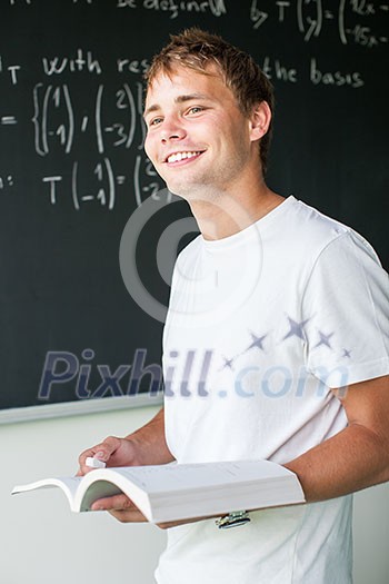 Handsome college student solving a math problem during math class in front of the blackboard/chalkboard (color toned image) Handsome college student solving a math problem during math class in front of the blackboard/chalkboard (color toned image)