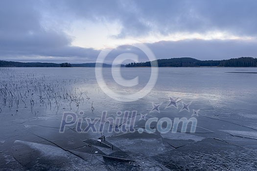 Cold lake scenery in december