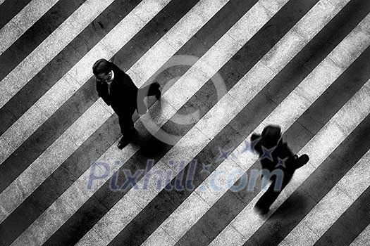 Busy crosswalk scene on the stripped floor Busy crosswalk scene on the stripped floor