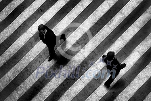 Busy crosswalk scene on the stripped floor