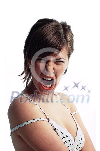 Angry screaming young woman isolated on white