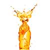 orange water splash in shape of bottle isolated on white