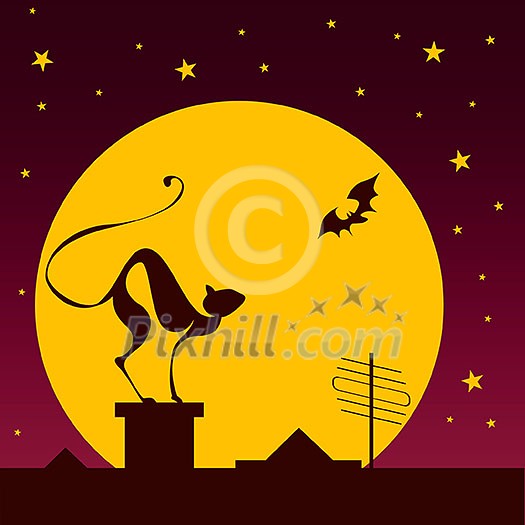 silhouettes of black cat and bat against moon in halloween night silhouettes of black cat and bat against moon in halloween night