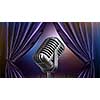 stage with open curtains and microphone. Header for website