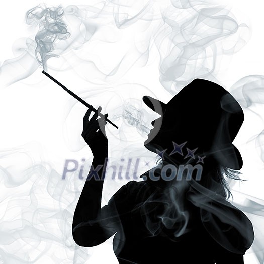 silhouette of smoking woman isolated on a white background