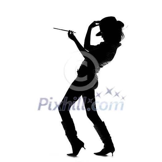silhouette of smoking girl with hat