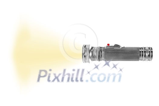 turned on metal flashlight isolated on white turned on metal flashlight isolated on white