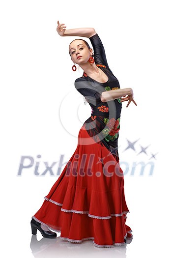 young woman dancing flamenco with castanets isolated on white