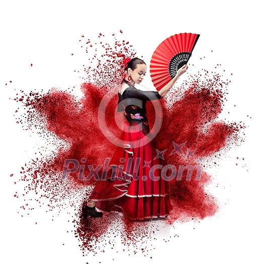 young woman dancing flamenco against explosion isolated on white