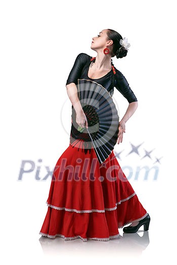 young woman dancing flamenco with fan isolated on white