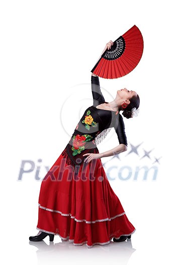 young woman dancing flamenco with fan isolated on white