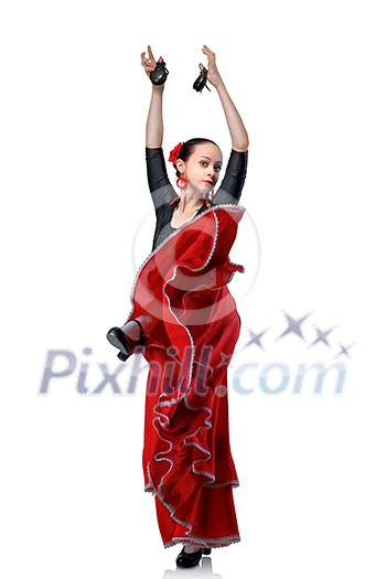 young woman dancing flamenco with castanets isolated on white young woman dancing flamenco with castanets isolated on white