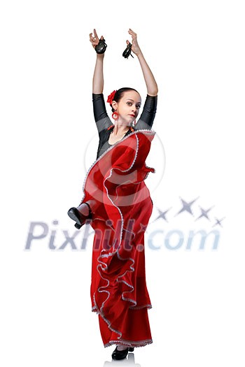 young woman dancing flamenco with castanets isolated on white