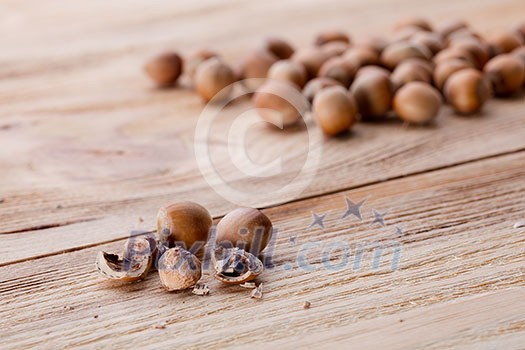 Hazelnuts on wooden table