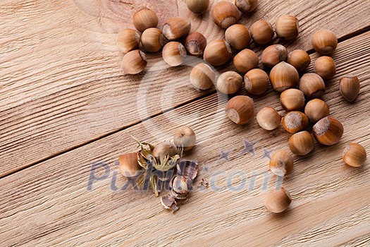 Hazelnuts on wooden table Hazelnuts on wooden table