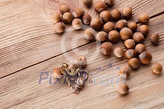 Hazelnuts on wooden table