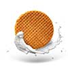 Waffle with caramel and milk splash isolated on white background with shadow