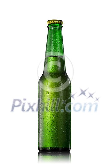 Beer bottle with water drops isolated on white