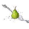 green pear with water splash isolated on white