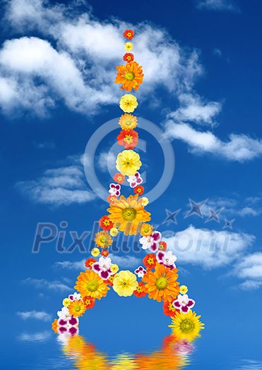 eiffel tower from flowers with reflection against blue sky eiffel tower from flowers with reflection against blue sky