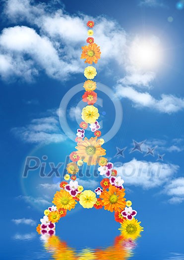 eiffel tower from flowers with reflection and sun against blue sky eiffel tower from flowers with reflection and sun against blue sky