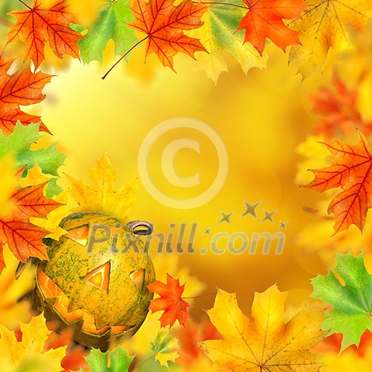 halloween pumpkin with frame made of autumn leaves and yellow background halloween pumpkin with frame made of autumn leaves and yellow background