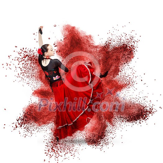 young woman dancing flamenco with castanets against explosion isolated on white