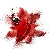young woman dancing flamenco with castanets against explosion isolated on white