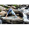 Young sporty fit woman doing yoga asana Adho mukha svanasana - downward facing dog - at tropical waterfall