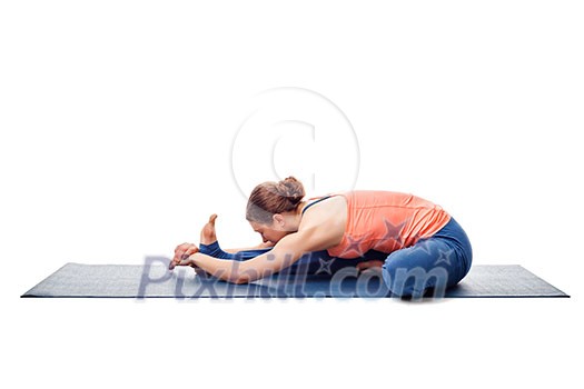 Young beautiful sporty fit woman doing Ashtanga Vinyasa Yoga asana Janu sirsasana A - head-to-knee pose A isolated on white Young beautiful sporty fit woman doing Ashtanga Vinyasa Yoga asana Janu sirsasana A - head-to-knee pose A isolated on white