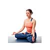 Beautiful fit yogini woman meditating in yoga asana Padmasana (Lotus pose) cross legged position for meditation with Chin Mudra - psychic gesture of consciousness, isolated on white background
