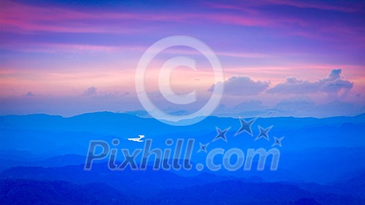 Panorama of sunset landscape in mountains. Munnar, Kerala, India