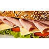 Panorama of ham sandwich with lettuce, cheese, tomato close up