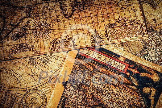 Travel geography navigation concept background - old vintage ancient world maps